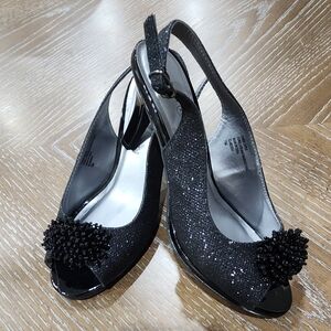 Karen Scott Black Glitter Breena Peep-Toe Slingback Heels Size 7.5M
